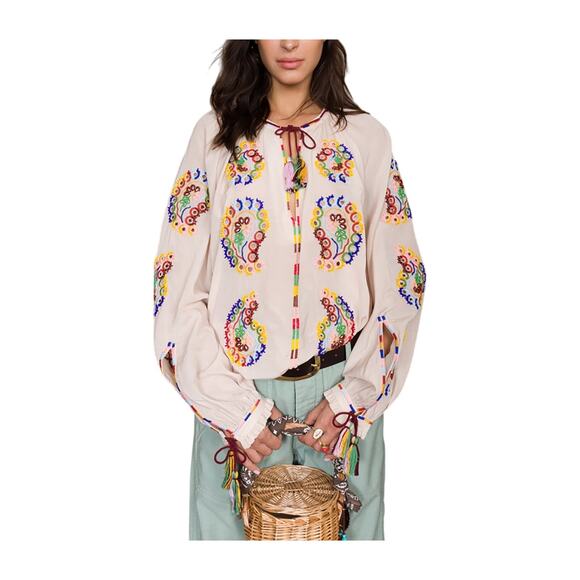 Fortela Ghodsi Tan Multicolor Beade Embroider Print Peasant Blouse 40 - Picture 1 of 16